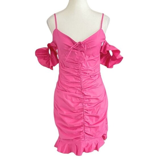 NWT OH POLLY PINK TIERRA OFF THE SHOULDER RUCHED BODYCON MINI DRESS 5354 -  4 - Picture 1 of 9